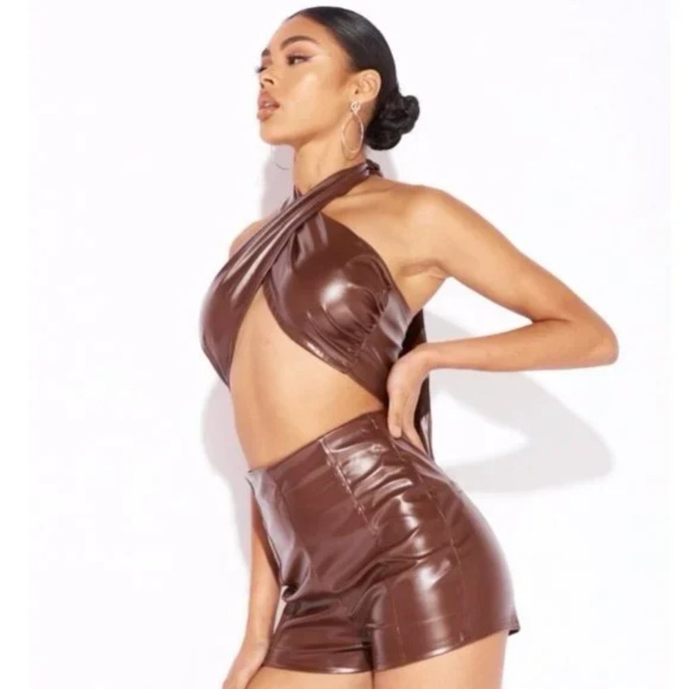 Brown Faux Leather Vegan Leather Sleeveless Halter Neck Open Back Crop Top - Picture 3 of 10